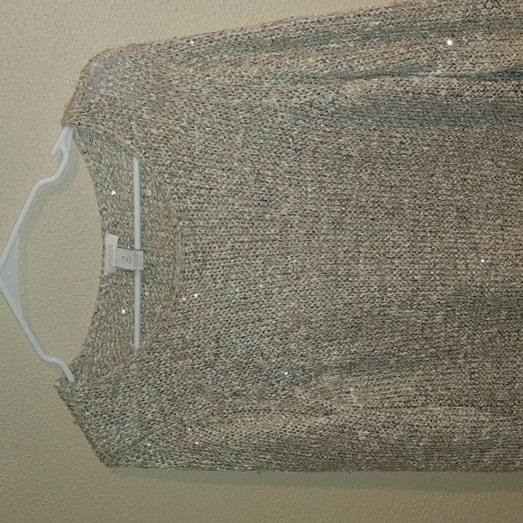 Chico’s Champagne Metallic Sequin Pullover Sweater 3/4 Sleeve 2/M - Picture 2 of 6